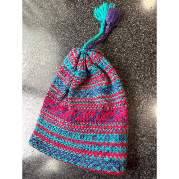 Vtg 1980's Smiley 100% Pure Wool Knit Beanie Hat Turquoise Red Purple - Picture 1 of 8